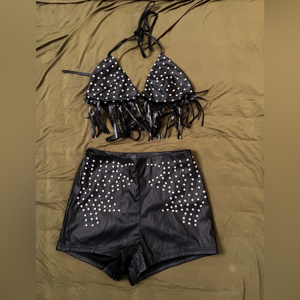 Tie Backless Studded Detail Fringe Crop Halter Top & Shorts Set